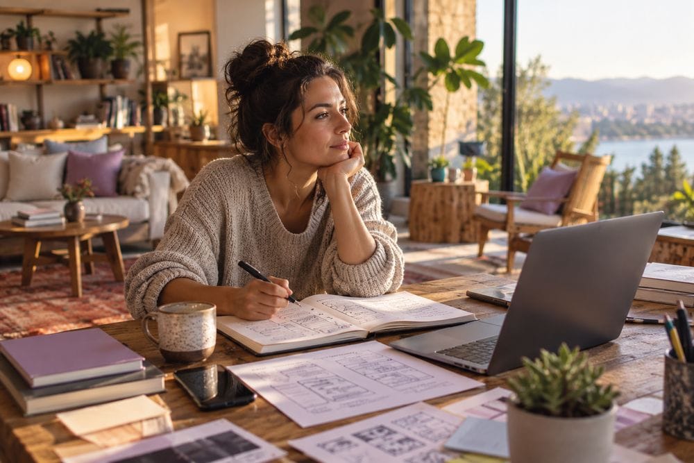 A founder thinking over app sketches in her notebook at a sunny desk