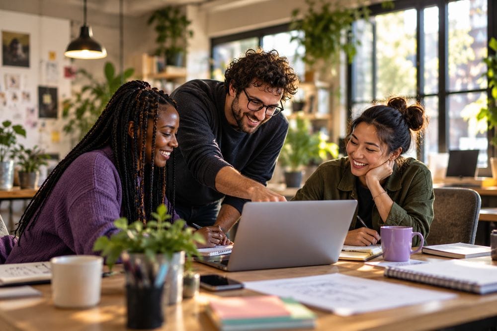 Three colleagues laughing together while reviewing work on a laptop