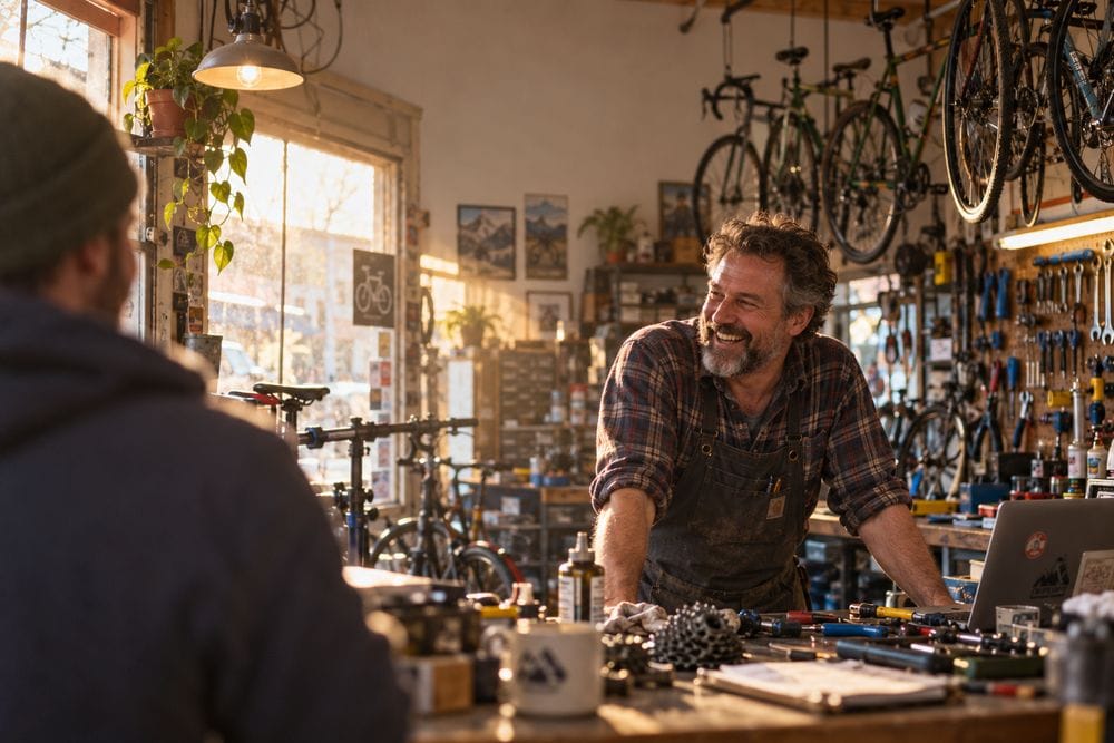 A bike shop owner laughing with a customer across his workbench